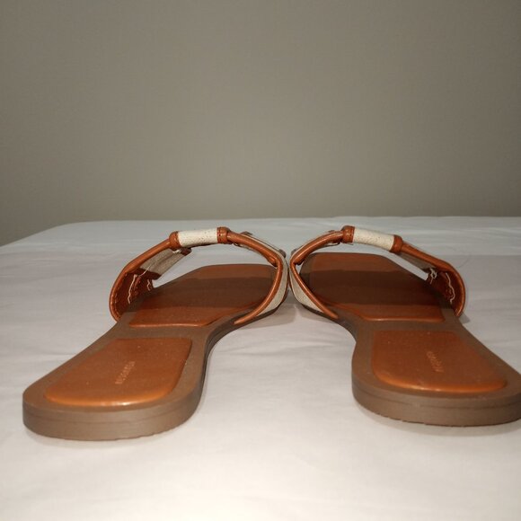 RESERVED SQUARE TOE SLIDERS WITH FABRIC STRAPS BEIGE BROWN WOMENS SIZE 41 - Picture 4 of 7